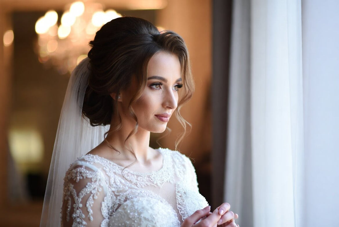 A beautiful bride in a white lace wedding dress and veil, with an elegant updo hairstyle. She is looking thoughtfully to the side near a window, with soft bokeh lights in the background.