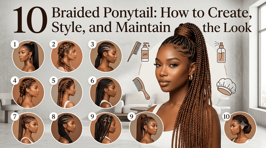 Collage showing 10 different braided ponytail styles with a large portrait of a woman with a high braided ponytail. Title: "10 Braided Ponytail: How to Create, Style, and Maintain the Look."