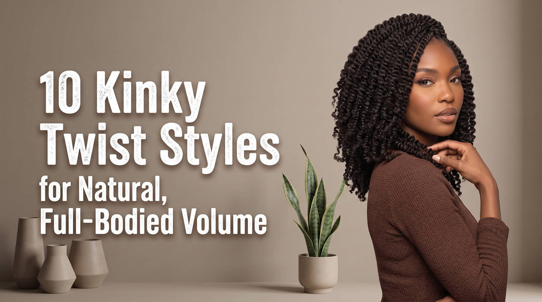 A woman posing in profile with short, voluminous kinky twists wearing a brown textured top next to a potted snake plant.