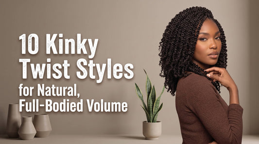 A woman posing in profile with short, voluminous kinky twists wearing a brown textured top next to a potted snake plant.