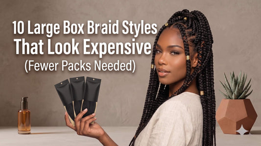 A woman with long jumbo box braids decorated with gold cuffs holding three hair extension packs next to a serum bottle.