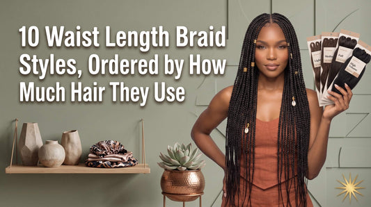 A woman with waist-length box braids adorned with cowrie shells and gold cuffs holding four extension packs of varying hair volume.