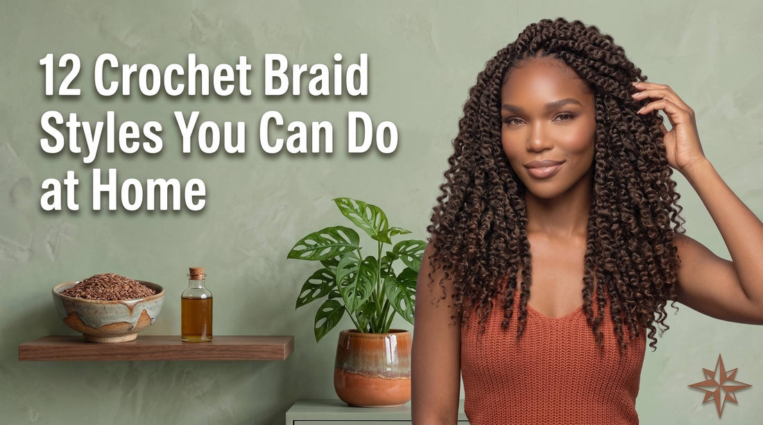 A woman touching her voluminous curly crochet braids next to a shelf holding flaxseed, hair oil, and a potted plant.