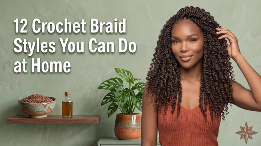 A woman touching her voluminous curly crochet braids next to a shelf holding flaxseed, hair oil, and a potted plant.