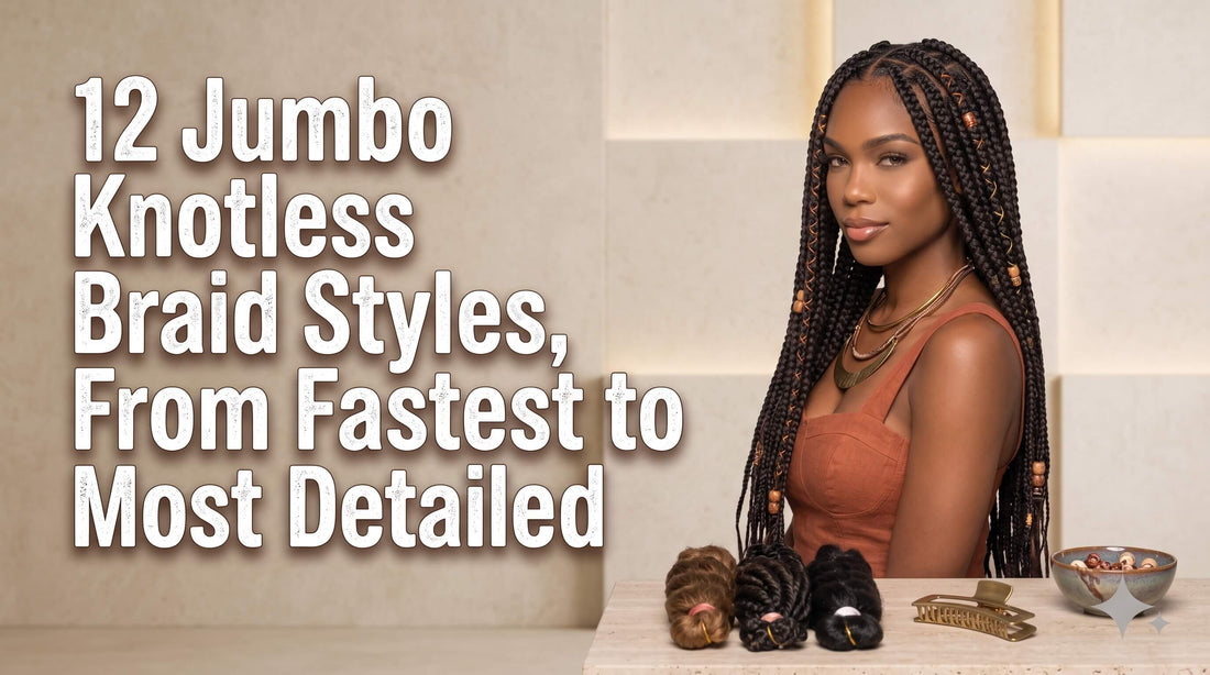 A woman wearing long decorated knotless braids seated behind a table with three hair bundles and a gold claw clip.