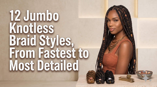 A woman wearing long decorated knotless braids seated behind a table with three hair bundles and a gold claw clip.