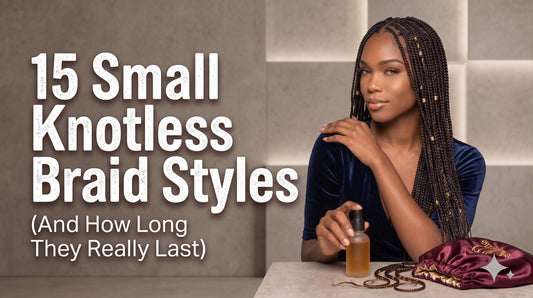 A woman in a velvet top with fine, long knotless braids resting her hand near a bottle of hair oil and a satin bonnet.