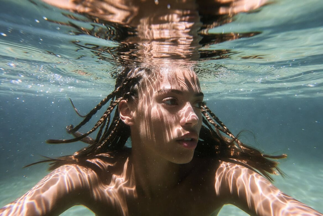 Underwater portrait of a woman with wet braids swimming just below the water surface. Sunlight creates beautiful caustics and light patterns on her face and body, giving a serene and artistic feel.