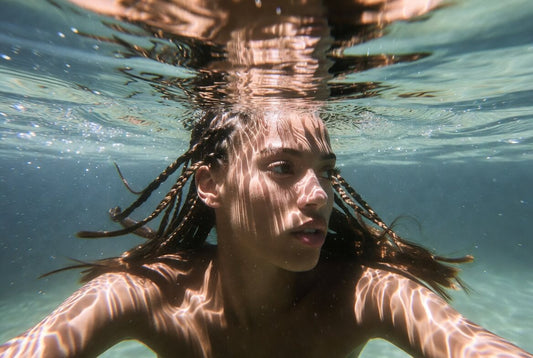 Underwater portrait of a woman with wet braids swimming just below the water surface. Sunlight creates beautiful caustics and light patterns on her face and body, giving a serene and artistic feel.