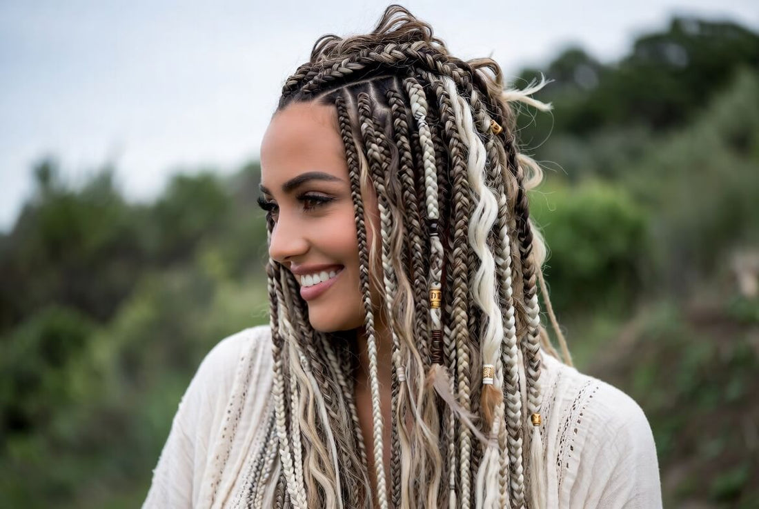 A smiling woman with long, multi-toned box braids (dark brown, blonde, and platinum) adorned with gold beads and cuffs. She has a half-up braided crown and is photographed outdoors with a natural, boho vibe.