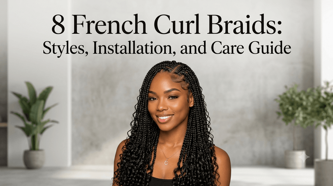 Smiling woman with long, voluminous French Curl Braids looking at the camera. Title: "8 French Curl Braids: Styles, Installation, and Care Guide."