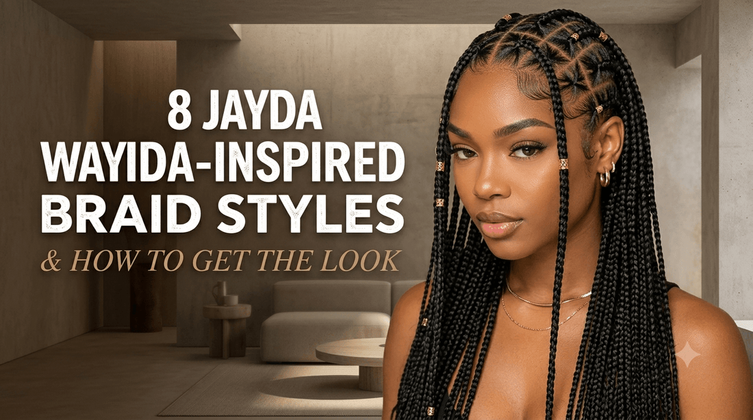 Close-up portrait of a woman with intricate Jayda Wayda-inspired knotless braids with gold cuffs. Title: "8 JAYDA WAYIDA-INSPIRED BRAID STYLES & HOW TO GET THE LOOK."