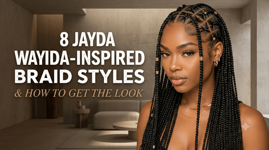 Close-up portrait of a woman with intricate Jayda Wayda-inspired knotless braids with gold cuffs. Title: "8 JAYDA WAYIDA-INSPIRED BRAID STYLES & HOW TO GET THE LOOK."