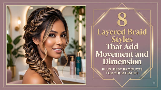 A smiling woman with a voluminous side-swept braid featuring blonde highlights, alongside the title "8 Layered Braid Styles That Add Movement and Dimension" on an elegant dusty pink and gold background.