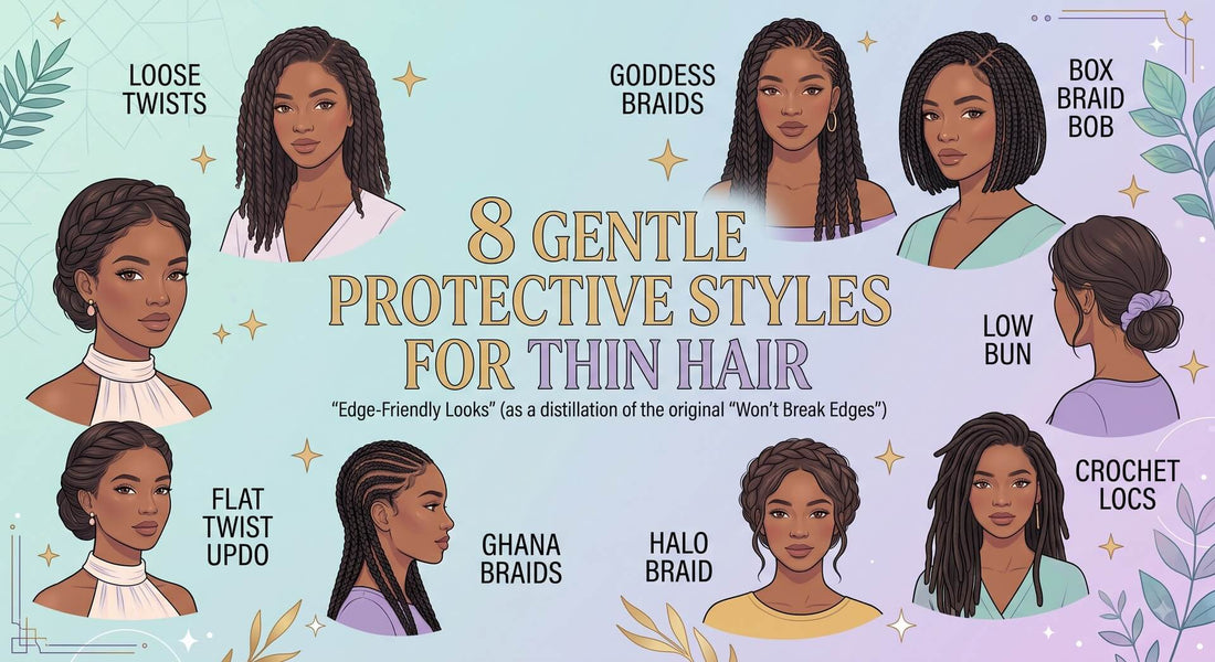 An illustrated guide showcasing 8 gentle protective hairstyles for thin hair, including loose twists, goddess braids, box braid bob, flat twist updo, Ghana braids, halo braid, low bun, and crochet locs.