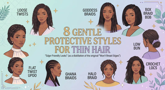 An illustrated guide showcasing 8 gentle protective hairstyles for thin hair, including loose twists, goddess braids, box braid bob, flat twist updo, Ghana braids, halo braid, low bun, and crochet locs.
