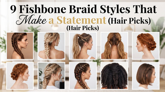 A collage of 10 photos showcasing various fishtail braid styles, including braided ponytails, buns, pigtails, and short hair variations.