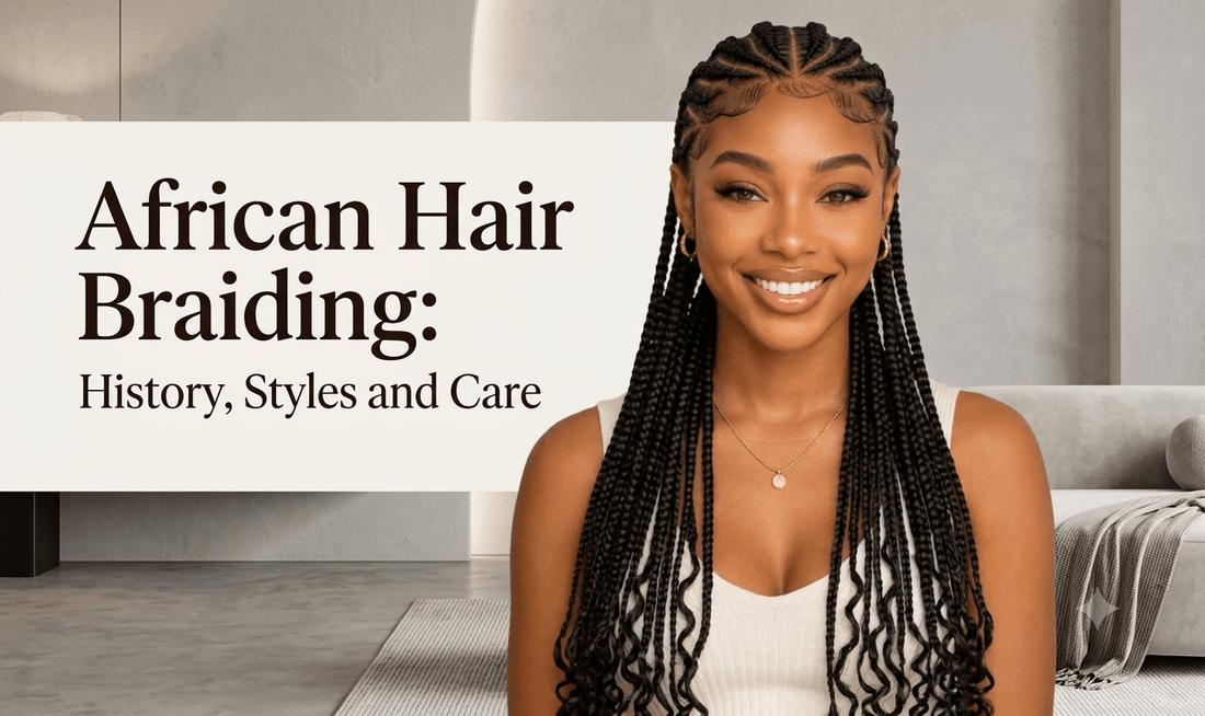 Smiling woman with long black braids wearing a white top. Overlay text: "African Hair Braiding: History, Styles and Care."