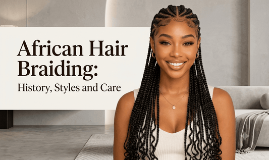 Smiling woman with long black braids wearing a white top. Overlay text: "African Hair Braiding: History, Styles and Care."