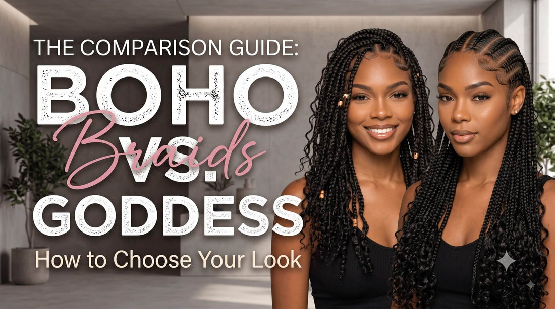 Two women displaying different braid styles side by side, featuring curly bohemian-style box braids with hair cuffs on the left and sleek stitch braids transitioning into curls on the right.