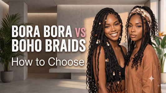 Two women wearing textured boho braid variations posing together, with shell accessories and headband accents against a warm, modern background.
