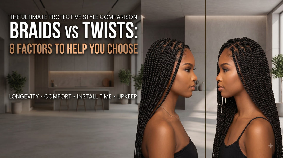 A side-by-side profile comparison of a woman wearing long box braids on the left and long two-strand twists on the right.