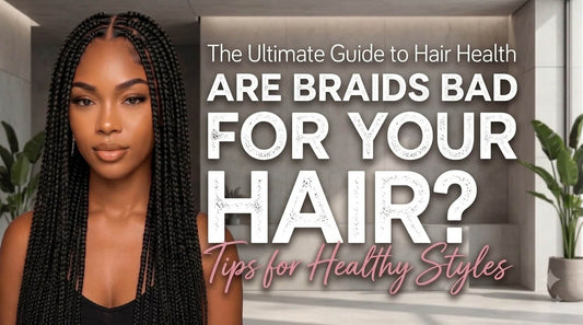A close-up portrait of a woman with long, neatly parted box braids, next to white and pink overlay text reading "Are Braids Bad For Your Hair?".