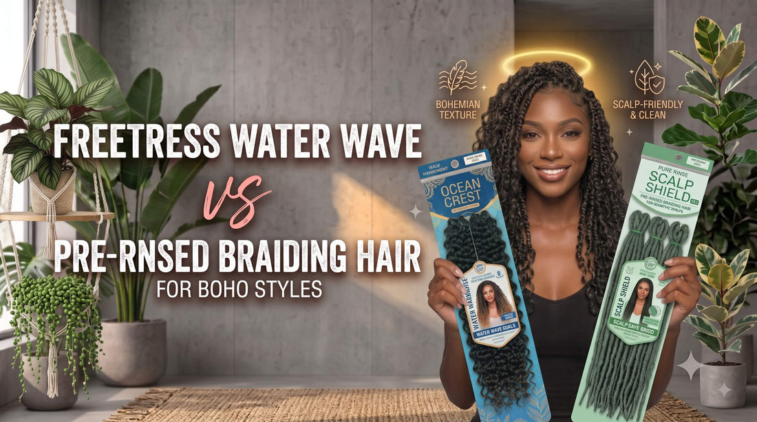 A woman with curly hair holding a pack of Freetress Water Wave hair in one hand and a pack of pre-rinsed scalp shield braiding hair in the other, surrounded by potted indoor plants.