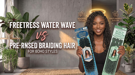 A woman with curly hair holding a pack of Freetress Water Wave hair in one hand and a pack of pre-rinsed scalp shield braiding hair in the other, surrounded by potted indoor plants.