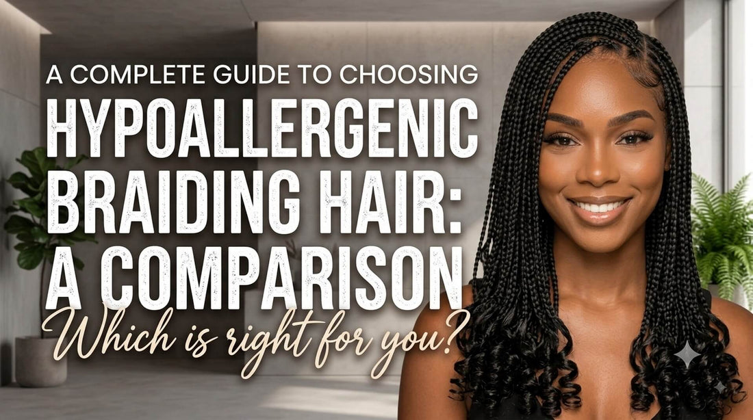 A close-up shot of a smiling woman featuring neat box braids with curly, textured ends, next to bold title text about hypoallergenic braiding hair.