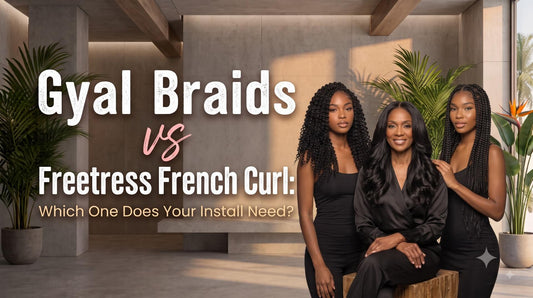 Three women showcasing different curly and braided hair extensions posing together in a minimalist, sunlit studio setting.