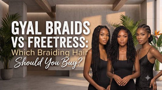 Three women in black tops displaying a variety of protective hair extension styles, including straight box braids, bouncy curls, and sleek cornrows.