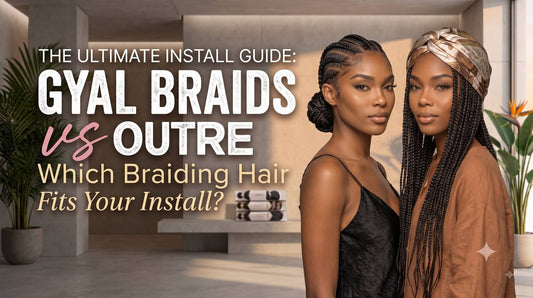 Two women displaying different protective styles side by side, featuring a braided low bun updo on the left and long box braids paired with a patterned headscarf on the right.