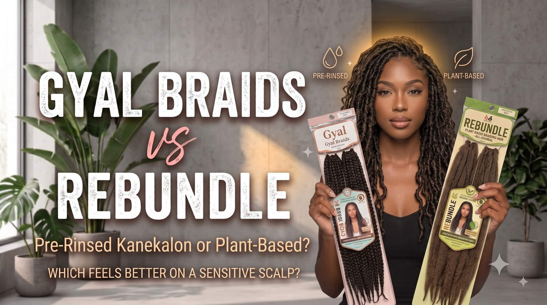 A woman displaying a package of Gyal Braids in her left hand and a package of Rebundle plant-based braiding hair in her right hand.