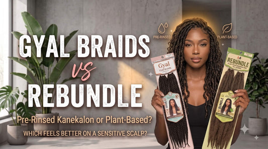 A woman displaying a package of Gyal Braids in her left hand and a package of Rebundle plant-based braiding hair in her right hand.