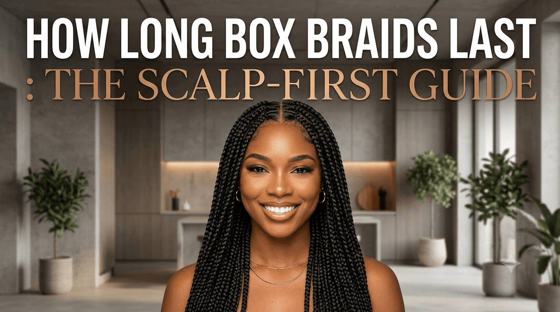 Woman with neat box braids smiling confidently. Title: "HOW LONG BOX BRAIDS LAST: THE SCALP-FIRST GUIDE."