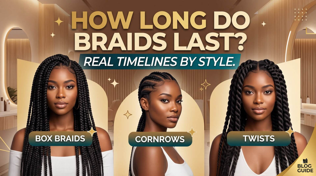 A comparison graphic featuring three women illustrating popular protective styles, labeled "BOX BRAIDS", "CORNROWS", and "TWISTS", set against a warm gold background.