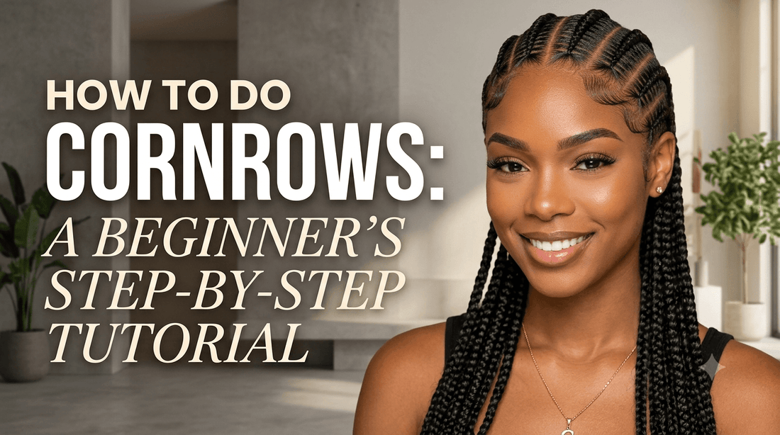 Woman with neatly done cornrows smiling. Title: "HOW TO DO CORNROWS: A BEGINNER’S STEP-BY-STEP TUTORIAL."