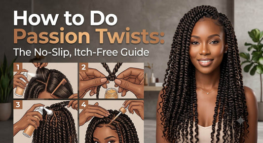 Woman with beautiful Passion Twists next to a 4-step illustrated tutorial on how to install them. Title: "How to Do Passion Twists: The No-Slip, Itch-Free Guide."