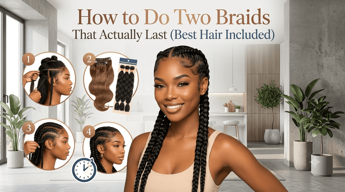Smiling woman with two long braids in a modern kitchen setting. Step-by-step guide showing parting, hair extensions, and finished two braids style. Title: "How to Do Two Braids That Actually Last (Best Hair Included)."