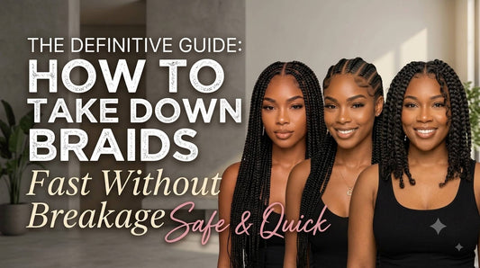 Three women posing together showcasing different protective hairstyles, including long box braids, neat stitch cornrows, and shoulder-length twists.