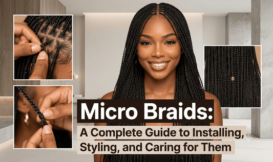 Woman smiling with long micro braids. Inset images show close-up installation process on the scalp and finished braids with gold accents. Title: "Micro Braids: A Complete Guide to Installing, Styling, and Caring for Them."