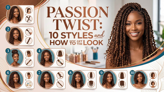 Collage featuring 10 different Passion Twist hairstyles with numbered examples and a large smiling portrait of a woman with voluminous curly Passion Twists. Title: "PASSION TWIST: 10 STYLES and HOW TO GET THE LOOK."