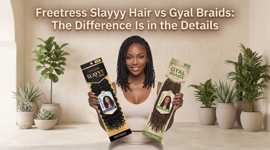 A smiling woman with braided hair holding a package of Freetress Slayyy Hair and a package of Gyal Braids in a plant-filled room.