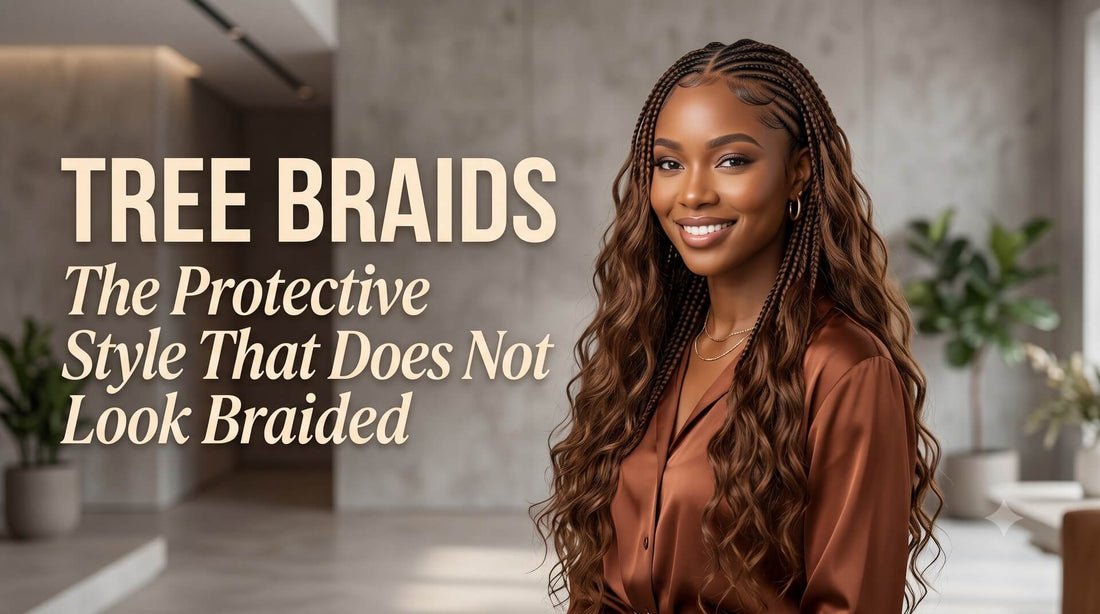Elegant woman with long wavy hair in Tree Braids smiling. Title: "TREE BRAIDS – The Protective Style That Does Not Look Braided."