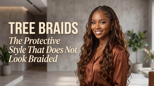 Elegant woman with long wavy hair in Tree Braids smiling. Title: "TREE BRAIDS – The Protective Style That Does Not Look Braided."