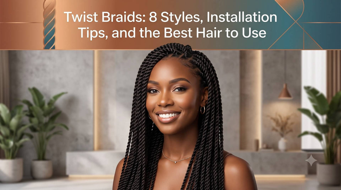 Close-up portrait of a smiling woman with long twist braids. Title: "Twist Braids: 8 Styles, Installation Tips, and the Best Hair to Use."