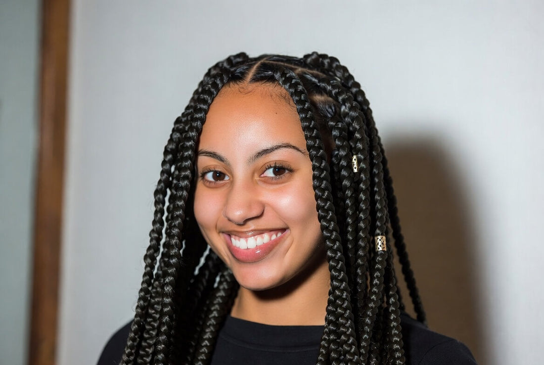 A cheerful young woman with long black box braids and a neat middle parting, smiling brightly at the camera. Small gold metallic cuffs decorate some of the braids.
