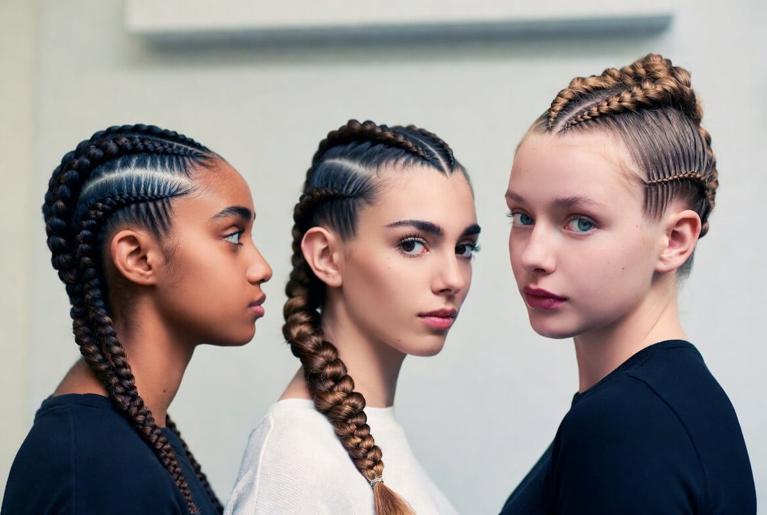 Studio portrait of three young women showcasing different braided hairstyles: thick cornrows with a side braid, a sleek Dutch braid ponytail, and intricate crown braids with shaved sides. They are posing together looking in different directions.