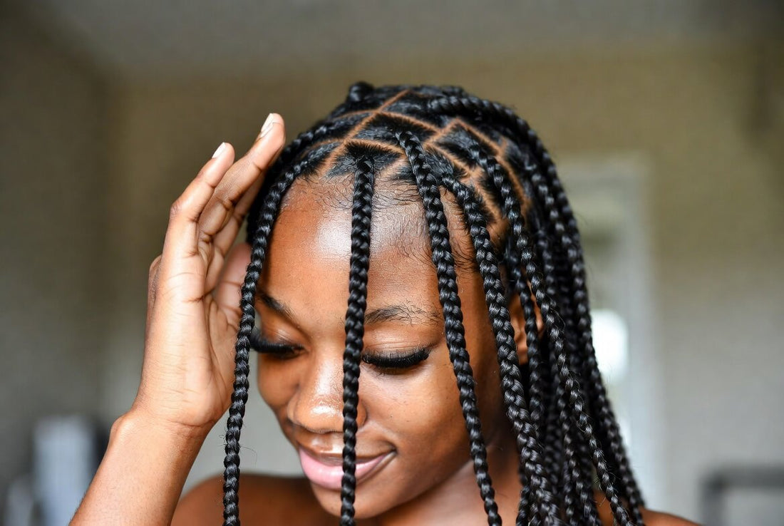 A joyful young Black woman laughing brightly while running her hands through her long box braids. She has a radiant smile and is wearing a white top against a neutral background.